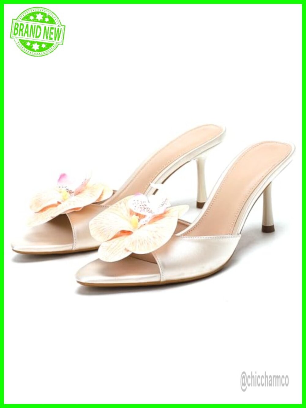 Satin Pointed Toe Stiletto Heel Mules 3D Floral Slide Sandals for Wedding Party
